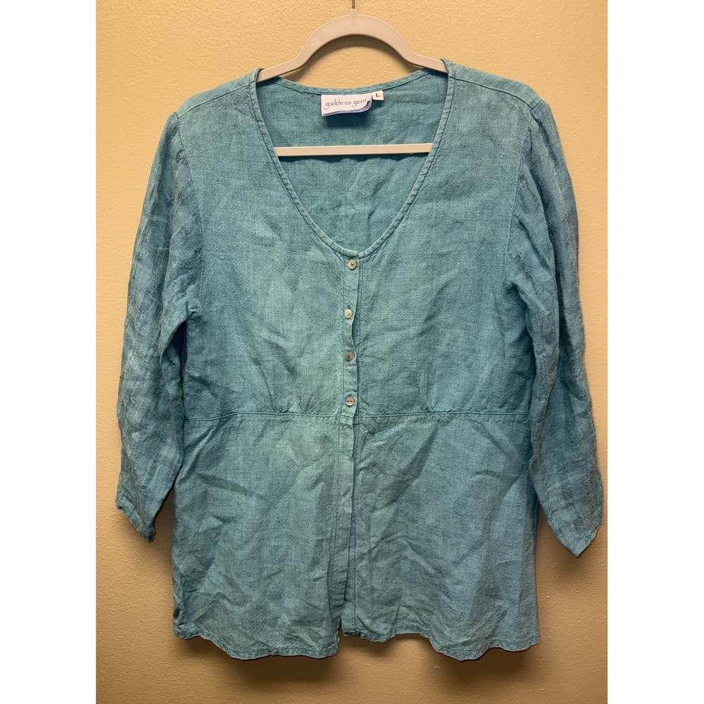 Goddess Gear Organic Linen Blouse Tunic Steampunk Size Large Textured Blue READ